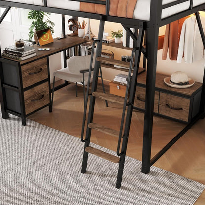 Cama Loft com Escrivaninha e Escadas, 4 Prateleiras e Gavetas de Armazenamento, Guarda-roupa, Camas Loft de Metal Completa com Luzes de LED e Ch