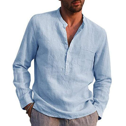 Casual Cotton Shirt Long Sleeves Crew Neck Men's Summer Simple Plain Blouse Button Down Tops Plus Size
