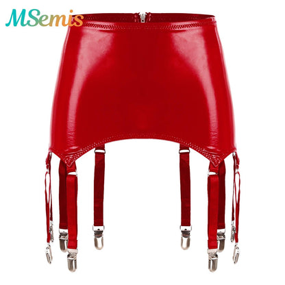 Womens Garters Latex Skirts Ladies Suspender Belt Wet Look Patent Leather Mini Skirts Garters with Metal Clips Clubwear Costume