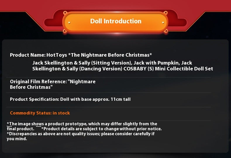 Hot Toys The Nightmare Before Christmas Sally Jack Skellington Cosbaby Mini Action Figure Fashion Cute Halloween Collection Gift