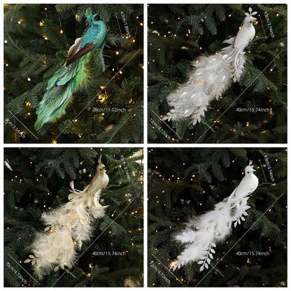 Long Tail Christmas Peacock Ornaments Realistic Glimmering Feather Peacock Bird Figurine Handmade with Clip Christmas Tree Decor