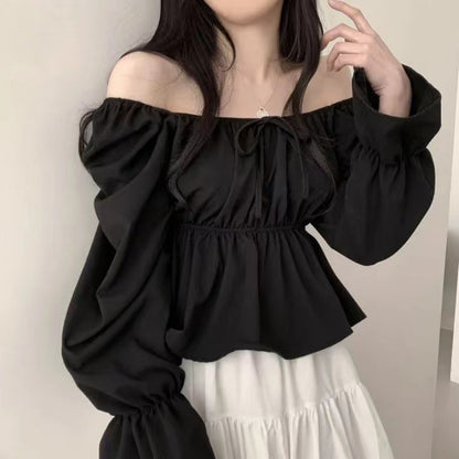 2025 Fashion New Ruffle White Long sleeved Women's Blouses Square Neck Sexy Short Shirt Korean Style Flare Sleeve Sweet Tops