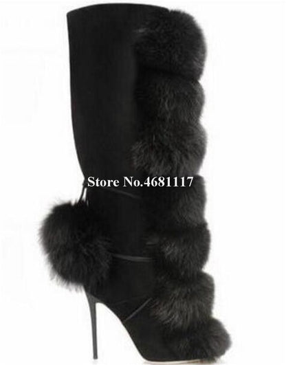 Fluff Knee High Boots Round Toe Black Suede Fur Ball Thin Heel Boots Slip On Lace Up High Heel Boots Winter Women Fashion Boots