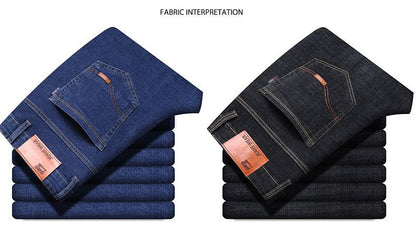 Calça Jeans Masculina Primavera Outono Negócios Casual Confortável Reta Denim Elástica Moda Clássica Macia Premium Azul Preto