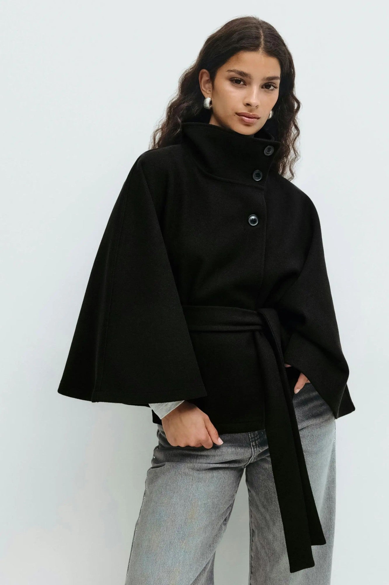 chic vintage cape jacket with belt stand neck single breasted loose coat loose flare sleeve coats early lady autumn Y2K outwears