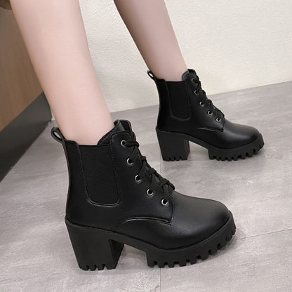 Women Retro Round Toe Chunky Heels Ankle Boots Autumn New High Heels Shoes Woman Lace Up Platform Short Booties Big Size 43