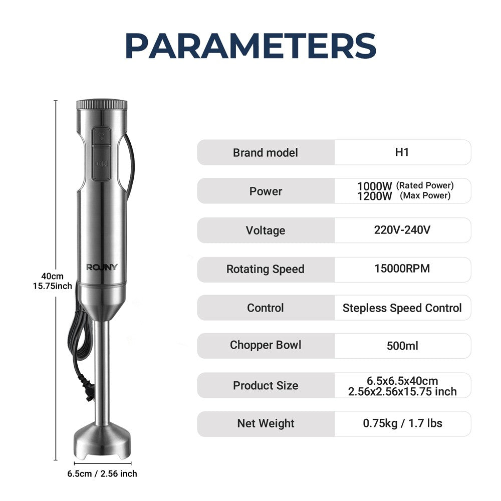 Liquidificador de Imersão Manual 4 em 1 ROUNY 1000W Potente, Mixer de Alimentos em Aço Inox, Copo Medidor de 700ml, Processador de 500ml, Batedor de Claras