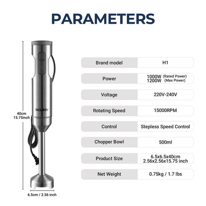 Liquidificador de Imersão Manual 4 em 1 ROUNY 1000W Potente, Mixer de Alimentos em Aço Inox, Copo Medidor de 700ml, Processador de 500ml, Batedor de Claras