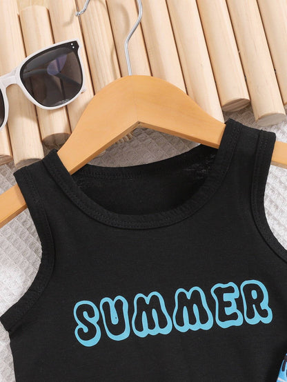 2pieces-Summer Baby Boy Casual Sports Outdoor Comfort Breathable Beach Vacation Travel Black Vest + Coconut Tree Printed Shorts