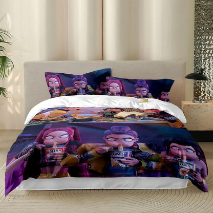 3pcs Cartoon K-Pop Demon Hunters Print Coreless Duvet Cover Set Multi Size Bedroom Dormitory Comfortable, Machine Washable