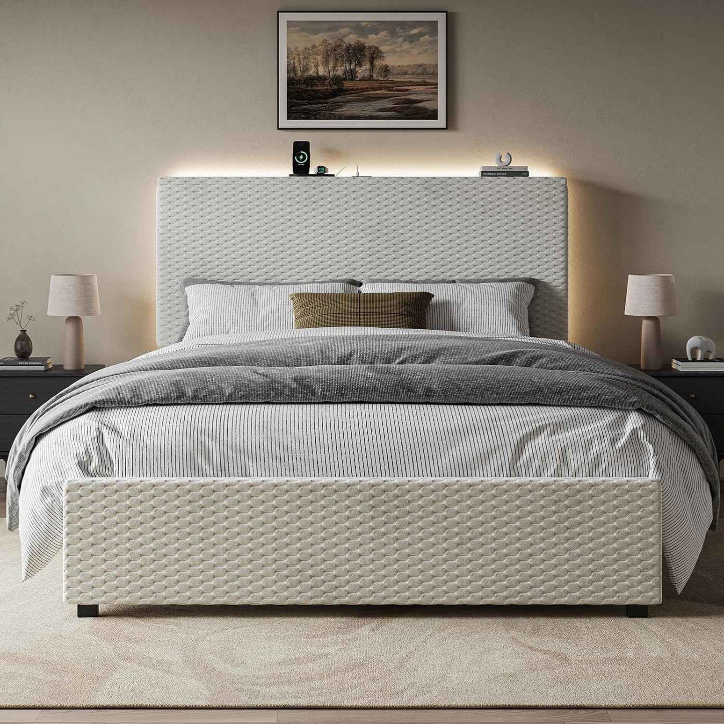 Estrutura de Cama Queen Size com Cabeceira de Armazenamento, Estrutura de Cama Plataforma Estofada com Luzes LED e Estação de Carregamento, Reforçada
