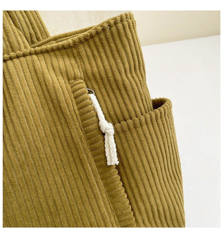 Casual Corduroy Handbag with Zipper Closure Light and Large Capacity Fixed Shoulder Strap Solid Color Daily Commuter Handbag