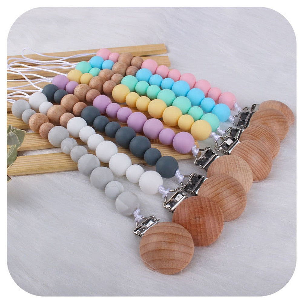 2023 New Baby Wood Beaded Pacifier Clip Silicone Chain Nipple Holder Infant Soother Teether