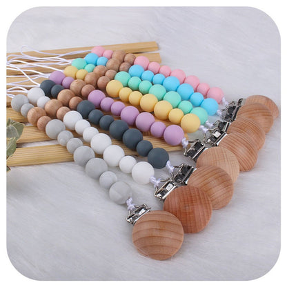 2023 New Baby Wood Beaded Pacifier Clip Silicone Chain Nipple Holder Infant Soother Teether