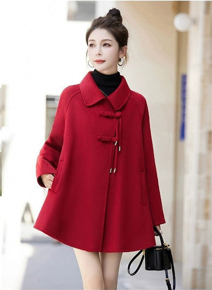 High Quality Woolen Coat Women 2025 Autumn Winter New Cloak Long Wool Jacket Chinese Retro Buckle Ladies Overwear Korean Outcoat
