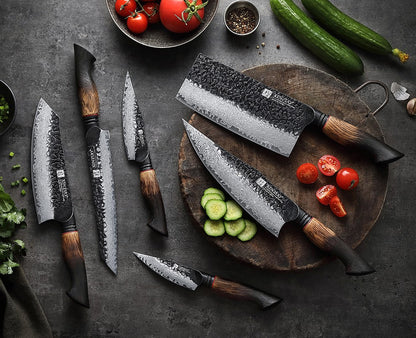 XINZUO 1-6-Piece Damascus Knife Set 67-Layer Steel White Oak Red G10 Handles Paring Utility Cleaver Santoku Bread Knife