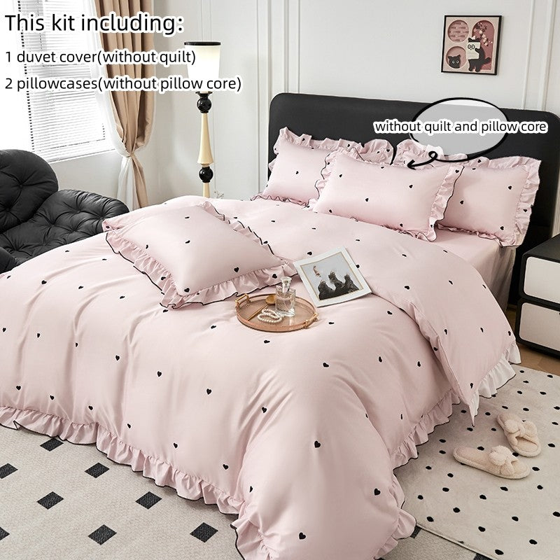 Conjunto de capa de edredom coreana de renda 3 peças (1*Capa de Edredom + 2*Fronhas, Sem enchimento), Conjunto de cama com estampa de bolinhas pretas