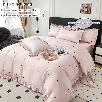 Conjunto de capa de edredom coreana de renda 3 peças (1*Capa de Edredom + 2*Fronhas, Sem enchimento), Conjunto de cama com estampa de bolinhas pretas