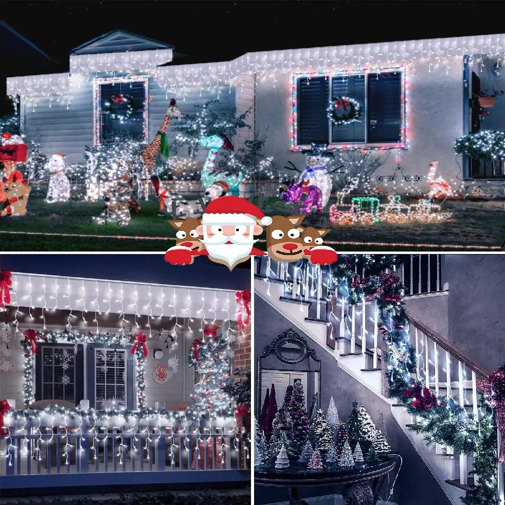 Christmas Lights Outdoor Waterproof Solar Curtain Icicle Lights Eaves Decor String Lights for Yard Party Holiday Decorations