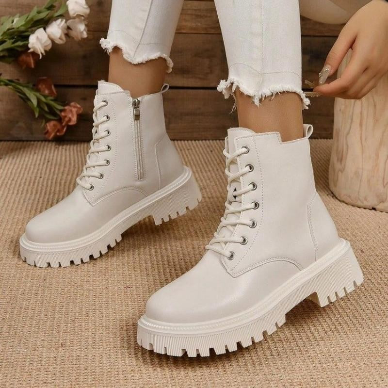 Thick Warm Long Plush Ankle Boots for Women Winter 2024 Lace Up Pu Leather Motorcycle Boots Woman Plus Size Short Booties Shoes
