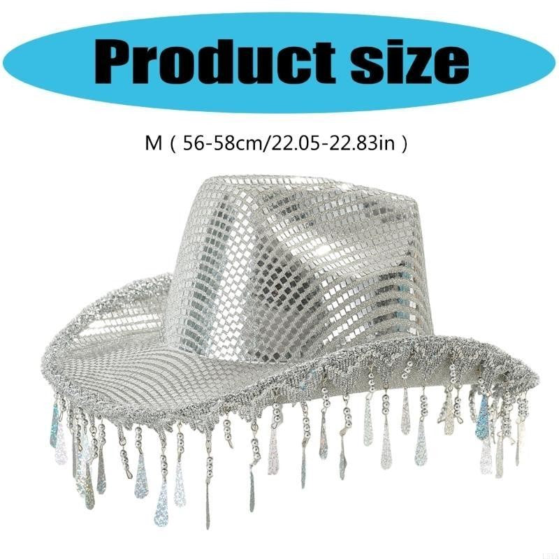 L5YA Chapéu de Panamá Chamativo com Tachas e Espelhos para Festa Feminina Chapéu de Fantasia de Halloween com Borlas de Gotas de Chuva Decorativas