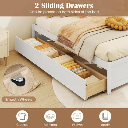Cama de Madeira Casal com 2 Gavetas de Armazenamento com Rodas, Estrutura de Cama Plataforma de Madeira, Base para Colchão com Estrado de Madeira