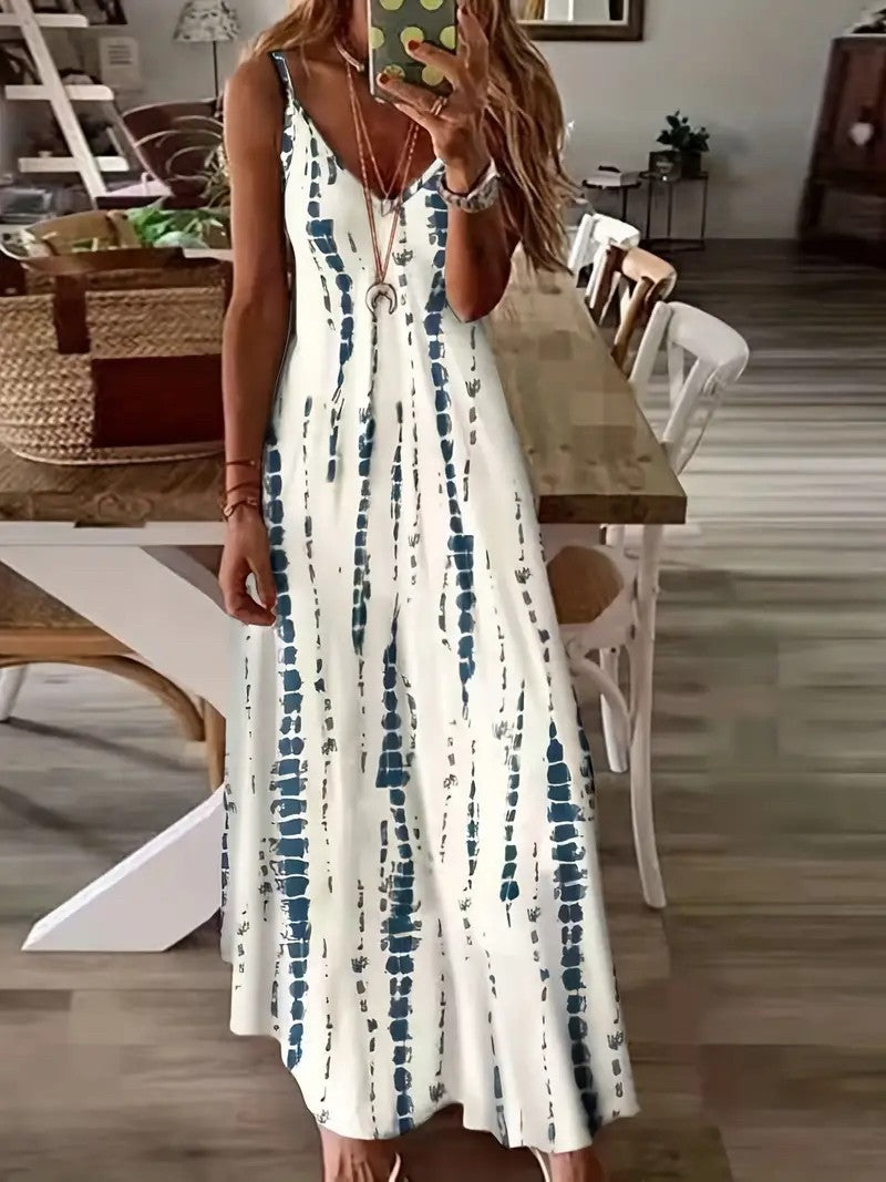 Women's Casual Loose V-neck Tie Dye Printed Spaghetti Maxi Dress Summer Beach Va