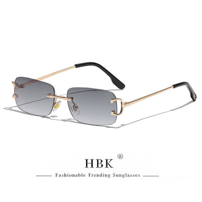 HBK Retro Rimless Sunglasses For Women Men Small Square Gold Frame Brand Design Tea Shades Rectangle UV400 Zonnebril Eyewear