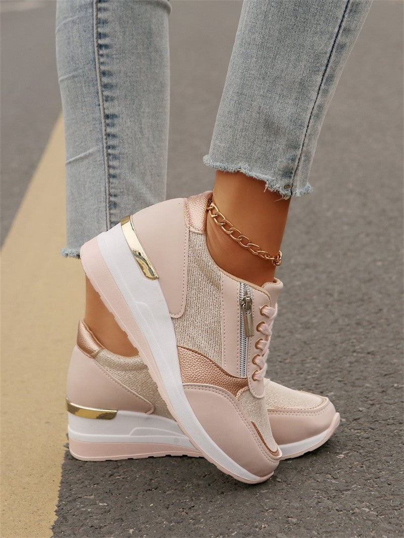 Fashion Thick Bottom Silver Sneakers Women 2025 Spring Wedge Heel Vulcanized Shoes Woman Comfortable Lace Up Sport Sneaker Mujer