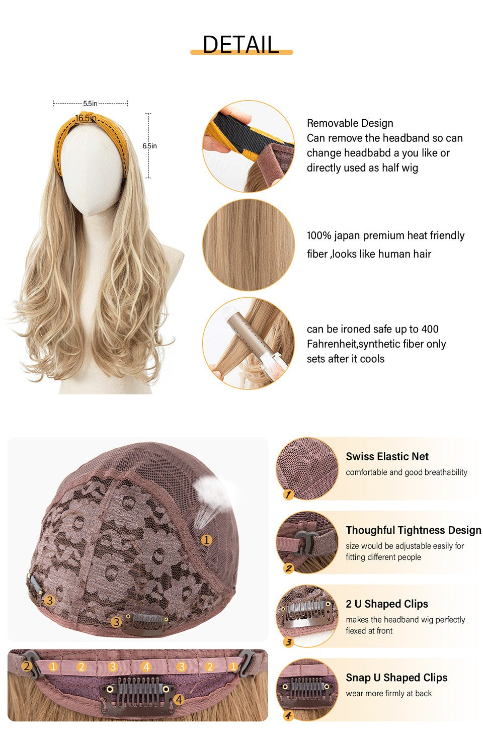 Peruca de Cabelo Sintético Longo Ondulado com Faixa Feminina Ombré Castanho Preto Loiro Cosplay Natural Resistente ao Calor Meia Peruca para Mulheres