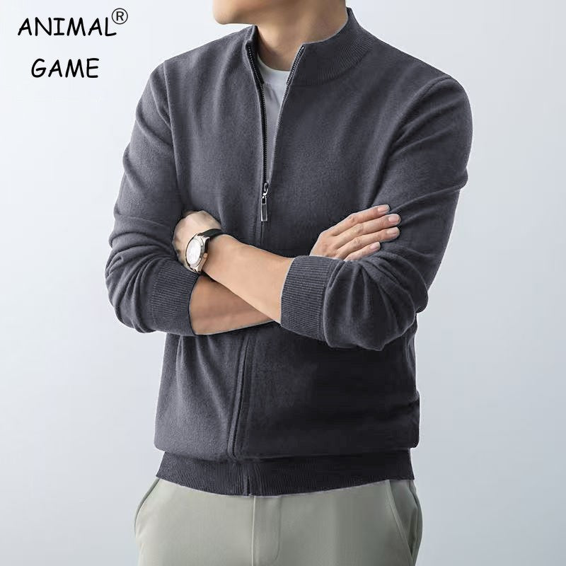 Animal Game Men's Zipper Cardigan Sweater Slim Fit Sweaters Stand Knitwear Jumper Warm Cold Blouse Zip Long Sweatcoats