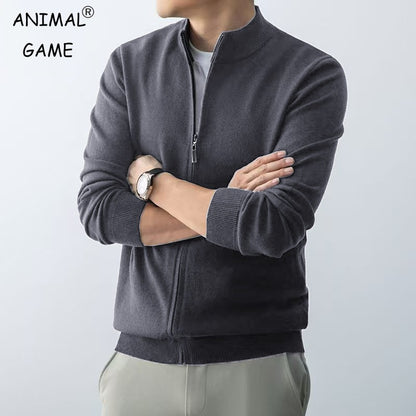 Animal Game Men's Zipper Cardigan Sweater Slim Fit Sweaters Stand Knitwear Jumper Warm Cold Blouse Zip Long Sweatcoats