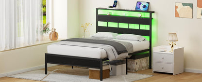 Sleek Full Size Bed Frame with Glowing LED Lights & USB Charging Station | Modern Storage Headboard