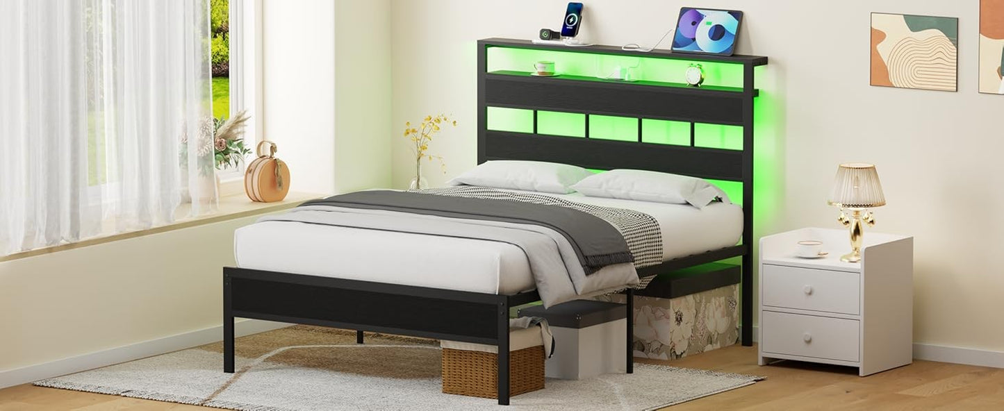 Sleek Full Size Bed Frame with Glowing LED Lights & USB Charging Station | Modern Storage Headboard