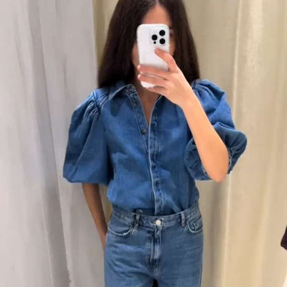 Fashion Denim Women Short Shirt Lapel Half Puff Sleeve Pleated Turn-down Collar Solid Female Top Spring Summer Lady Shirts M8WQ