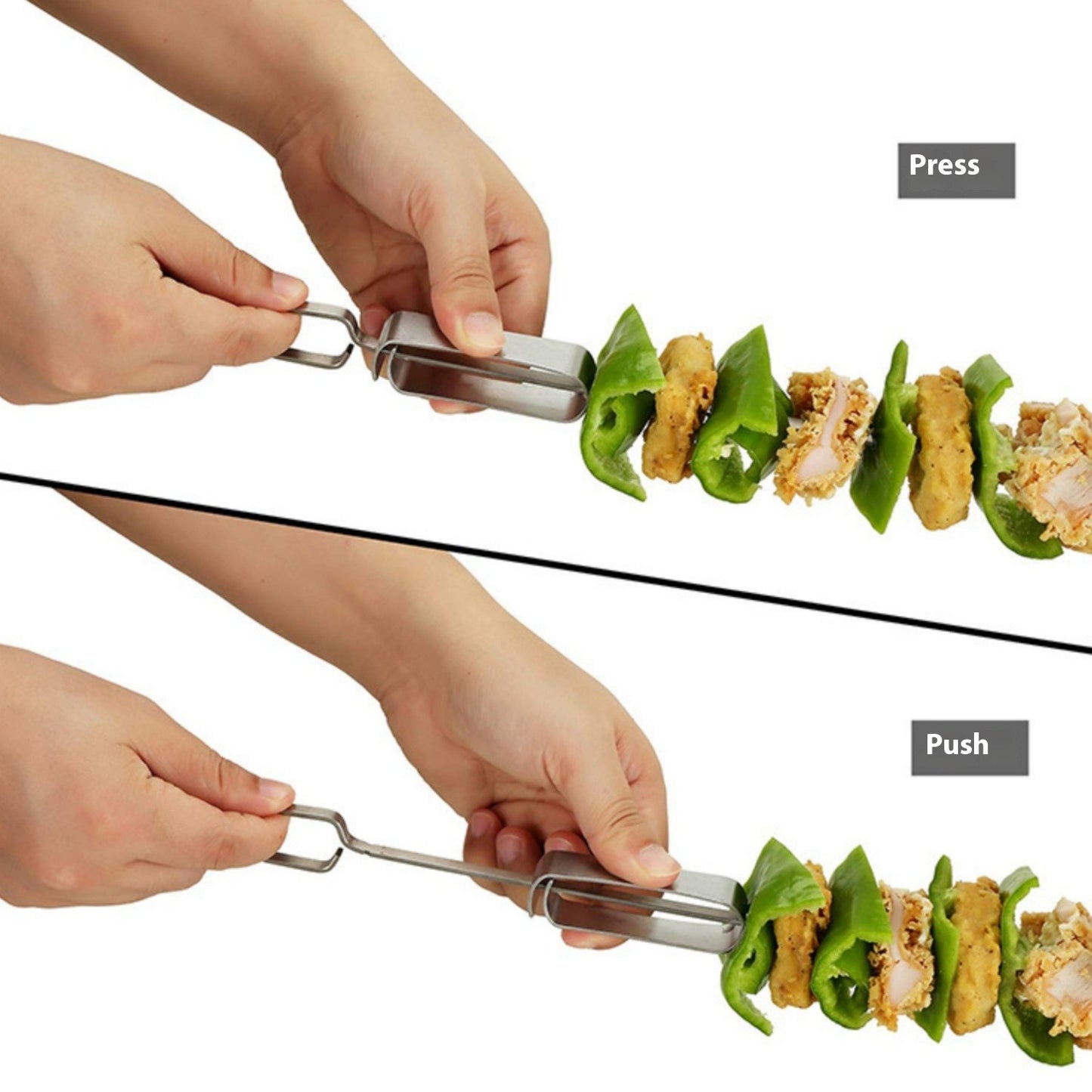 Stainless Steel BBQ Skewers – Flat Metal Kebob Sticks for Grilling Meat Vegetables, with Quick Release Metal Sliding Handle