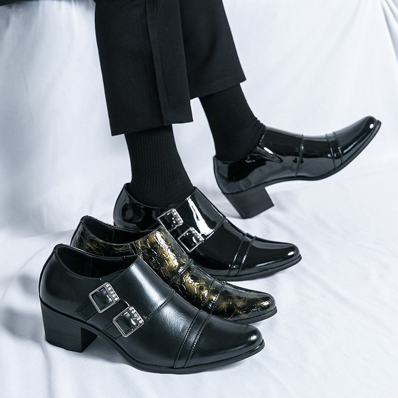 Fashion Buckle Leather Shoes For Men Big Size 46 Pointed Dress Shoes Man Quality Bussiness High Heels Shoes Man chaussure hommes