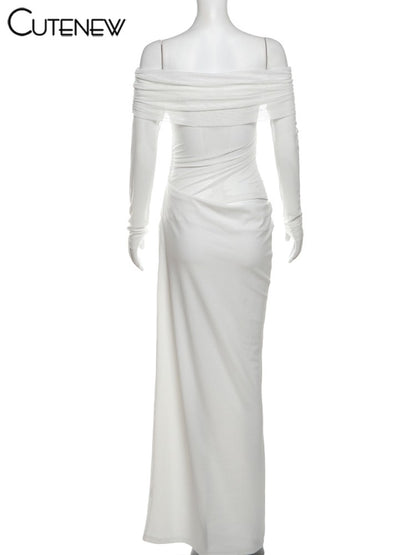 Cutenew Mesh Ruched Women Maxi Dress Sexy See Through Off Shoulder Long Sleeve S