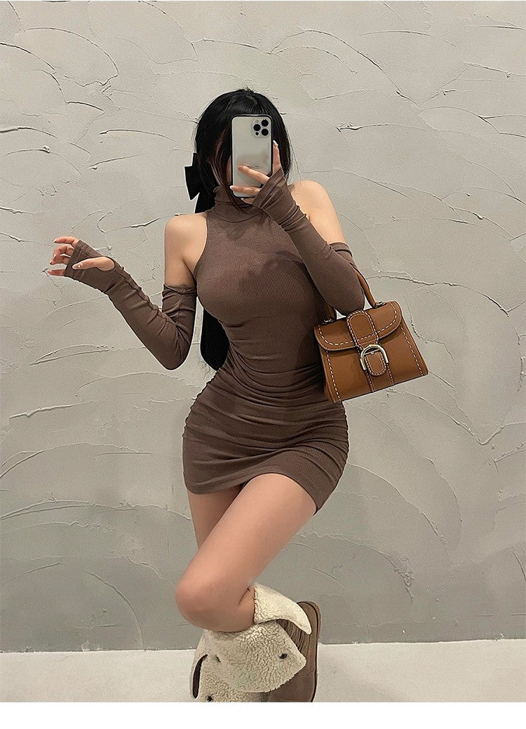 2025 New Women's Mini Dress Sleeveless Pleated Skinny Dress High Neck Lace Up Au