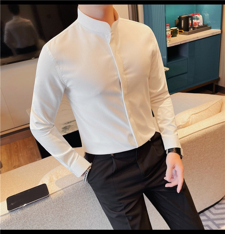 Men Standing Collar Shirt Long Sleeved 2024 Autumn British Style Solid Casual Hidden Button Elastic Slim Fit Formal Dress Shirt