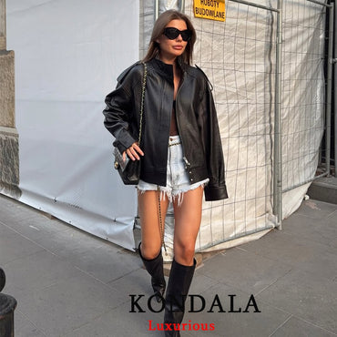 KONDALA Casual Chic Black Leather Jackets Women Long Sleeve Buttons Elastic Oversized Coats Fashion 2025 Fall Streetwear Coats