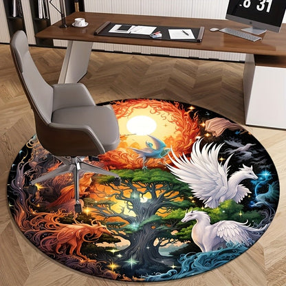 Fantasy Tree Phoenix Unicorn Mythical Creatures Round Rug Soft Crystal Velvet Floor Mat Magic ArtDesignHomeDecorLivingRoomCarpet