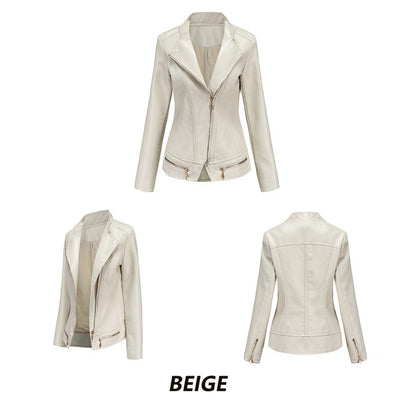 Women's Bright Red Lapel PU Jacket, Zippered Embellished Leather Jackets, Women Fashion Casual Coat of Female Outerwear