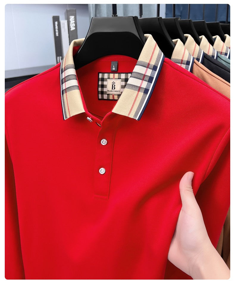 Luxury brand long sleeve polo shirt men comfortable casual autumn item silk cotton high-end Korean fashion plaid lapel T-shirt