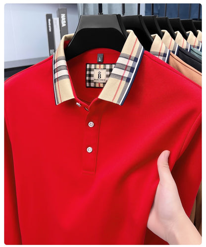 Luxury brand long sleeve polo shirt men comfortable casual autumn item silk cotton high-end Korean fashion plaid lapel T-shirt