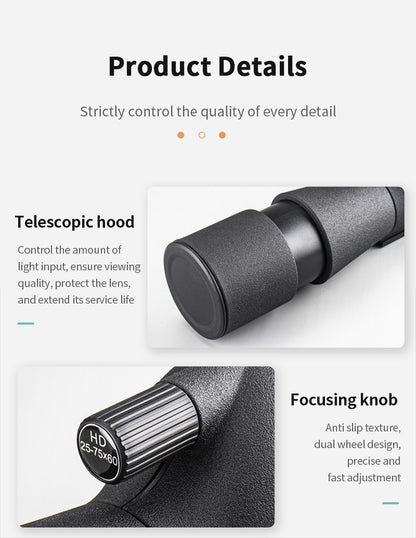 25-75x60 HD Spotting Scope Powerful Monocular Zoom Telescope Prism Waterproof for Birdwatching Target Shooting Camping