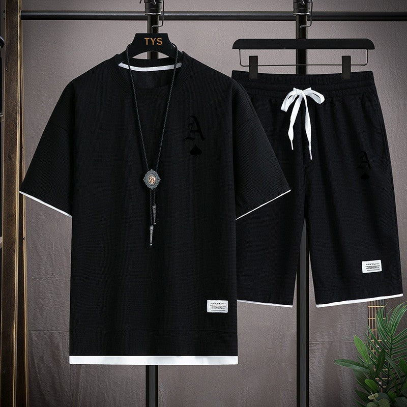 Fashionable casual men's sports suit short-sleeved T-shirt and outdoor summer sports shorts two-piece set daily casual