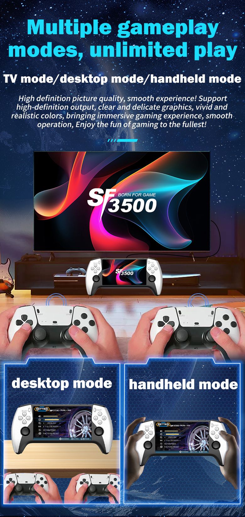 SF3500 Handheld Game Console, 5-Inch IPS Large Screen Portable Game Console, Built-in 20000+ Games, Supports FHD Output