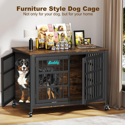 48"/42"/33" Dog Crate Furniture with Name Tag, Heavy Duty Dog Kennel Indoor for Large Dogs, Escape-Proof and Chew-Proof Dog Cag
