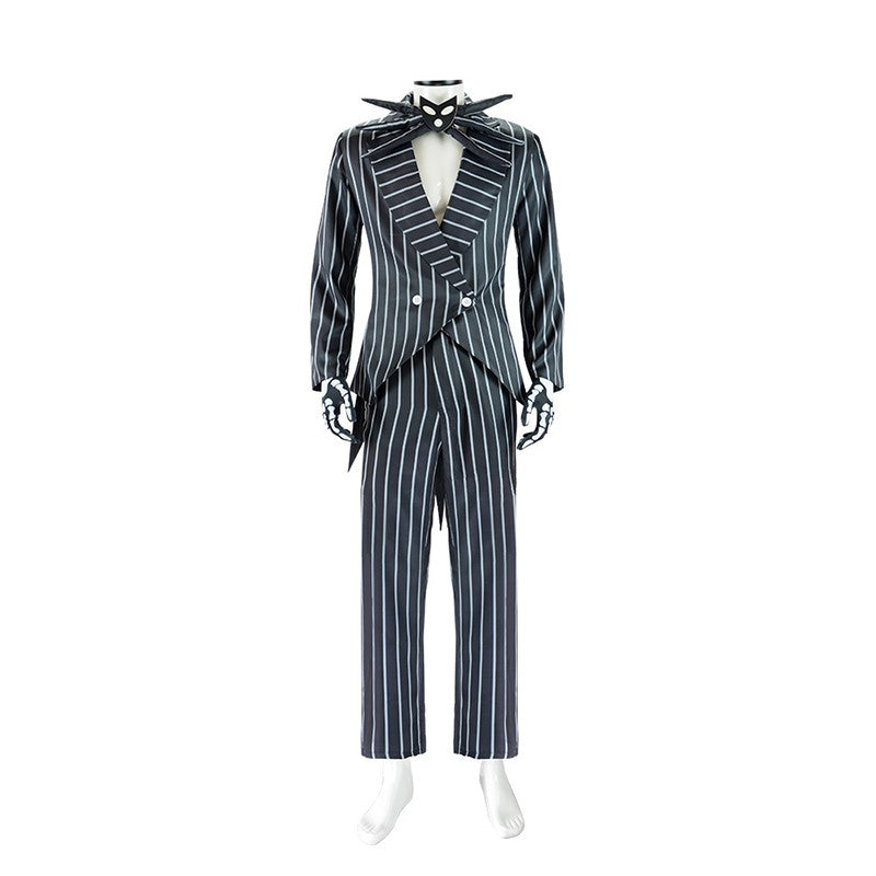 Anime Jack Skelington Black White Striped Cosplay Costume Men Retro Tailcoat Woman Dress Christmas Night Halloween Party Outfit